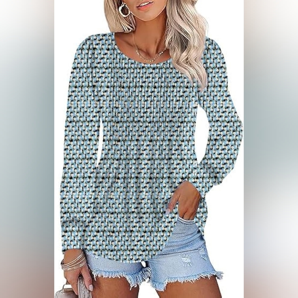 Floral Long Sleeve Tunic Tops Pleated Scoop Neck Shirt
